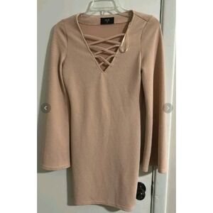 $60 AX Paris Women's Solid Nude Sleeveless High Neck Frill Bodycon Dress Size 12